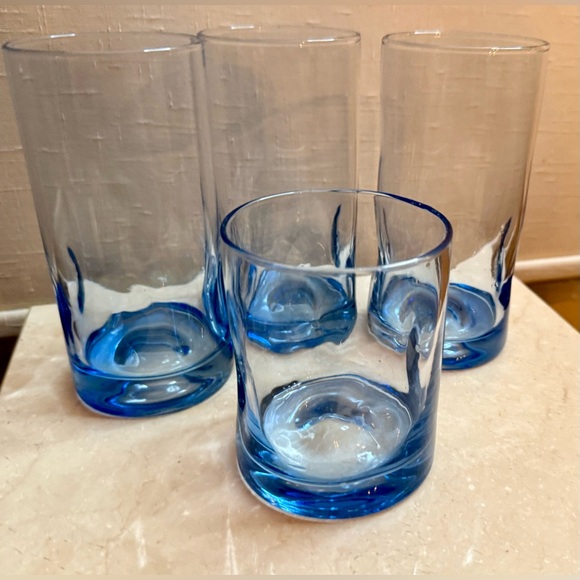 Vintage Libbey Crisa Hand Blown Pinched Cool Blue. 3 Highball 6” & 1 Lowball 4” - Picture 1 of 11